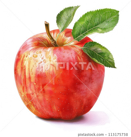 A striking watercolor illustration of a ripe apple with a vibrant green leaf 113175738