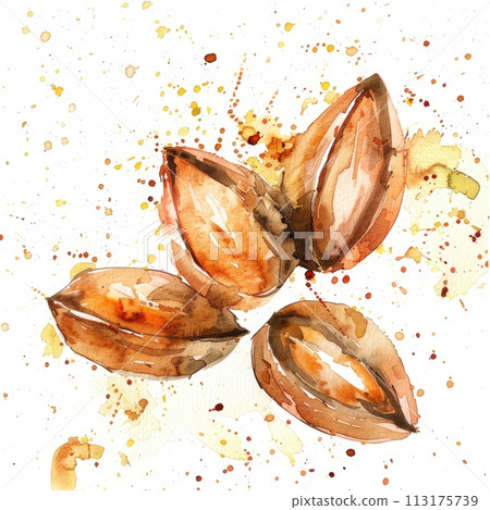 A dynamic watercolor composition features almonds and leaves amidst vibrant splashes 113175739