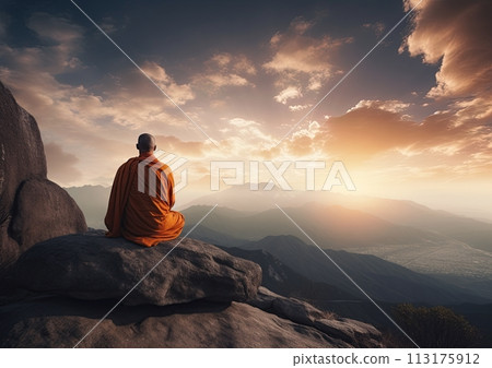 Buddhist monk meditating at the top of the mountain at sunrise. Generative Ai illustration 113175912