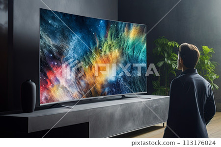 Man watching large tv with space and universe being on the screen. Generative Ai Man watching large tv with space and universe being on the screen. Generative Ai 113176024