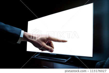 Businessman pointing index finger at tv or computer monitor. Blank screen for adding text, logo, photo or video. Generative Ai 113176027