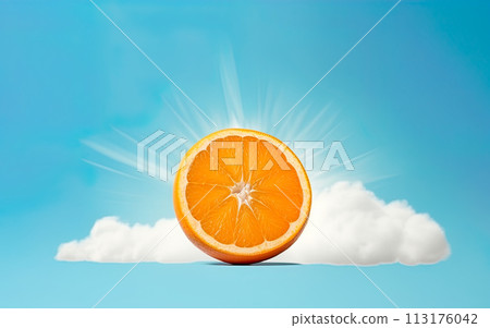 Orange slice in the blue sky. Orange representing sun. Generative Ai illustration Orange slice in the blue sky. Orange representing sun. Generative Ai illustration 113176042