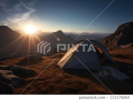 Tent in the mountain. Camping in wilderness. Recreation and hiking concept. Generative Ai 113176065
