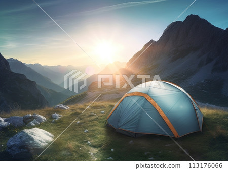 Tent in the mountain. Camping in wilderness. Recreation and hiking concept. Generative Ai 113176066