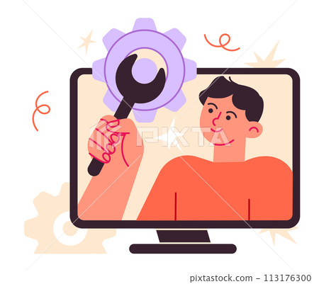 Man with wrench computer monitor screen customization, setting, repairing. 113176300