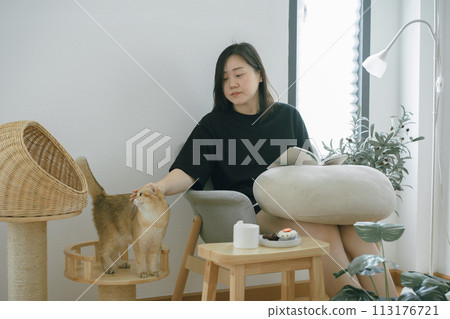 pet care concept with owner during read book and take coffee break and play with cat in livingroom pet care concept with owner during read book and take coffee break and play with cat in livingroom 113176721