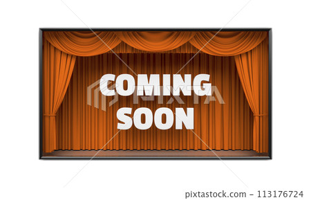 Coming Soon poster with stage curtains 3D illustration 113176724