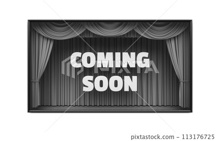 Coming Soon poster with stage curtains 3D illustration 113176725