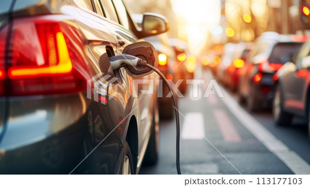 Close-up, Electric car is parked at a charging station with the power cable supply plugged, Generative AI 113177103