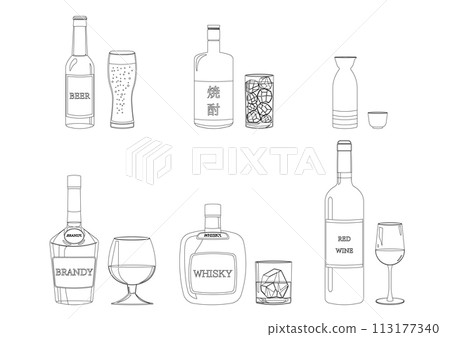 Line drawing illustration set of various types of alcohol 113177340