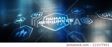 HR human resources technology. Online and modern technologies virtual screen mixed media double exposure 113177451
