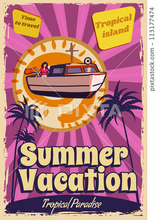Summer Vacation poster retro, speedboat on the ocean, island, coast, palms Summer Vacation poster retro, speedboat on the ocean, island, coast, palms 113177474