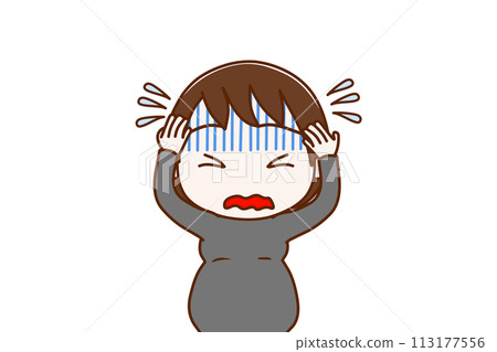 (Front view of upper body) A pregnant woman who is turning pale and holding her head in panic (Front view of upper body) A pregnant woman who is turning pale and holding her head in panic 113177556