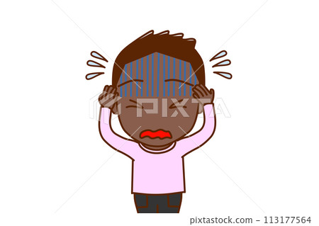 (Front view of upper body) An African-American boy turns blue and holds his head in frustration (Front view of upper body) An African-American boy turns blue and holds his head in frustration 113177564