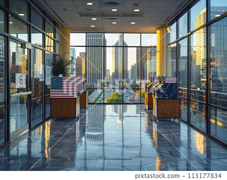 Elections Day in the United States Empty Polling Place with Voting Booths 113177834