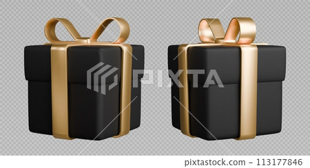 Gift boxes with ribbons, realistic 3d black boxes with golden bows. Surprise gift isolated on grey background. Gift boxes with ribbons, realistic 3d black boxes with golden bows. Surprise gift isolated on grey background. 113177846
