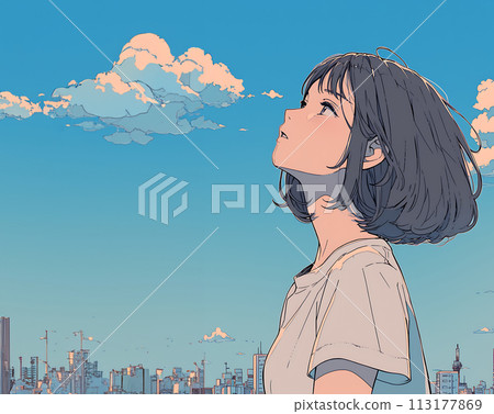 Girl looking up at the sky AI 113177869