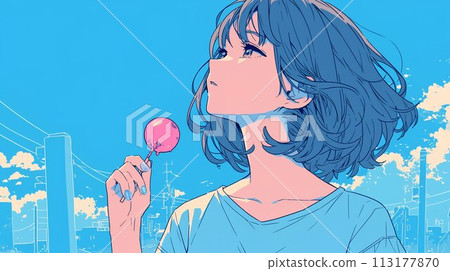 Girl looking up at the sky AI 113177870