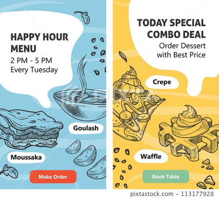 Happy hour menu, special meal in restaurant web Happy hour menu, special meal in restaurant web 113177928