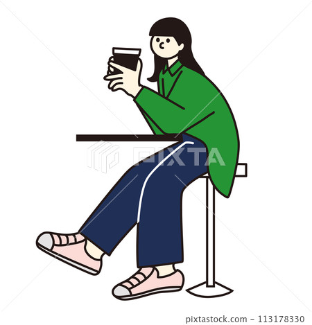 A woman sitting and thinking with coffee, line drawing, vector A woman sitting and thinking with coffee, line drawing, vector 113178330