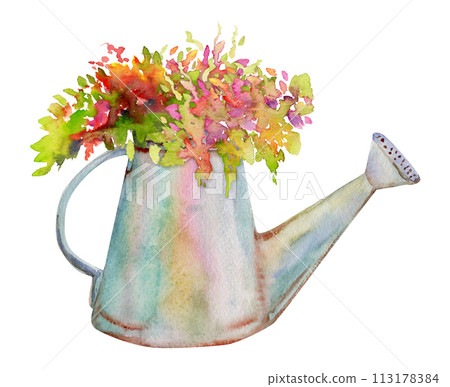 Hand drawn watercolor illustration spring gardening tools, metal watering can with flowers buds leaves. Composition isolated on white background. Design print, shop, scrapbooking, packaging, decoupage Hand drawn watercolor illustration spring gardening tools, metal watering can with flowers buds leaves. Composition isolated on white background. Design print, shop, scrapbooking, packaging, decoupage 113178384