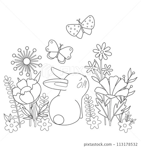 Cute rabbit among flowers and butterflies. Cartoon rabbit in nature. Simple childish coloring book. Kids vector illustration. 113178532