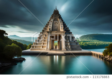 Ancient Ta Promh temple in the jungle, Cambodia. Digital painting. 113178863