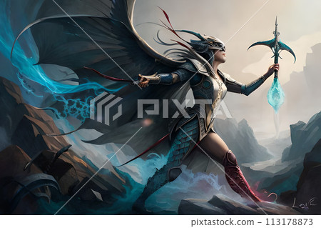 A painting of a woman with a blue mask and horns. A painting of a woman with a blue mask and horns. 113178873