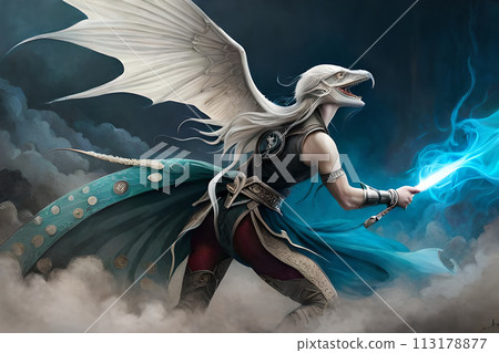 A painting of a woman with a blue mask and horns. 113178877