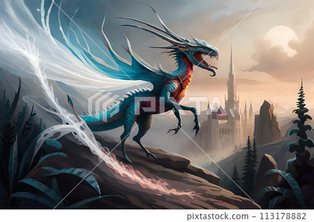Fantasy evil dragon portrait. Surreal artwork of danger dragon from medieval mythology Fantasy evil dragon portrait. Surreal artwork of danger dragon from medieval mythology 113178882