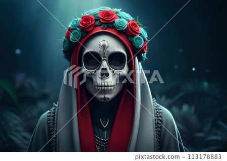 Calavera Catrina holding a skull over dark scary 113178883
