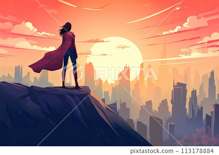 hero woman with cape stand on a cliff illustration hero woman with cape stand on a cliff illustration 113178884
