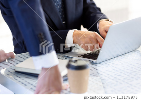 Business boss subordinate laptop computer at hand 113178973