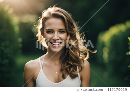 Close up portrait young beautiful brunette woman in blue dress in autumn park Close up portrait young beautiful brunette woman in blue dress in autumn park 113179019