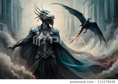 A painting of a woman with a blue mask and horns. 113179036