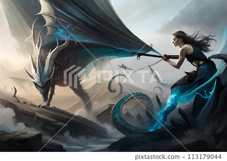 Fantasy evil dragon portrait. Surreal artwork of danger dragon from medieval mythology Fantasy evil dragon portrait. Surreal artwork of danger dragon from medieval mythology 113179044