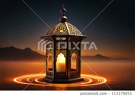 Ornamental Arabic lantern with burning candle glowing . Ornamental Arabic lantern with burning candle glowing . 113179053