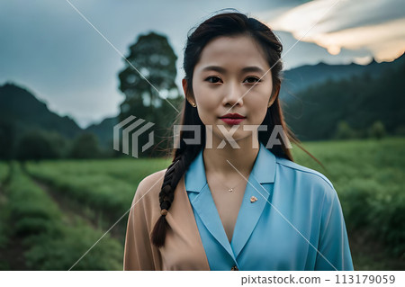 Close up portrait young beautiful brunette woman in blue dress in autumn park Close up portrait young beautiful brunette woman in blue dress in autumn park 113179059