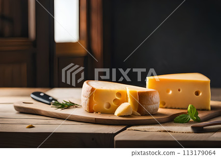 Pieces of delicious cheese and knife on wooden table. Space for text Pieces of delicious cheese and knife on wooden table. Space for text 113179064