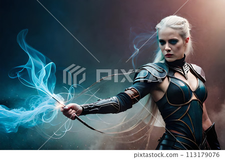 A painting of a woman with a blue mask and horns. A painting of a woman with a blue mask and horns. 113179076