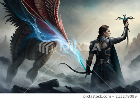 A painting of a woman with a blue mask and horns. 113179099