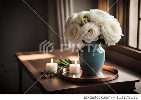 Bouquet of white flowers in a vase, candles on vintage copper tray, wedding home decor on a table 113179118