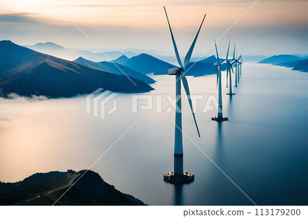 Panoramic view of wind farm with high wind turbines 113179200