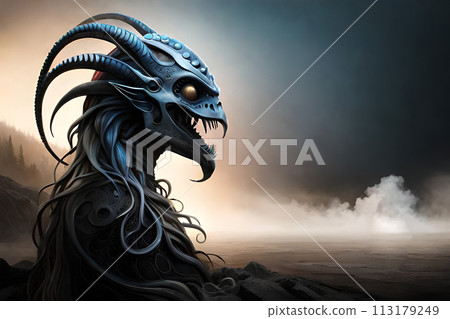 A painting of a man with a black mask and horns. 113179249