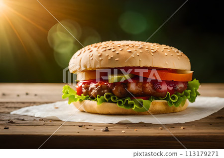 Double cheeseburger on wooden board. Long wide banner 113179271