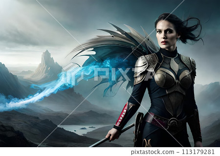 A painting of a woman with a blue mask and horns. 113179281