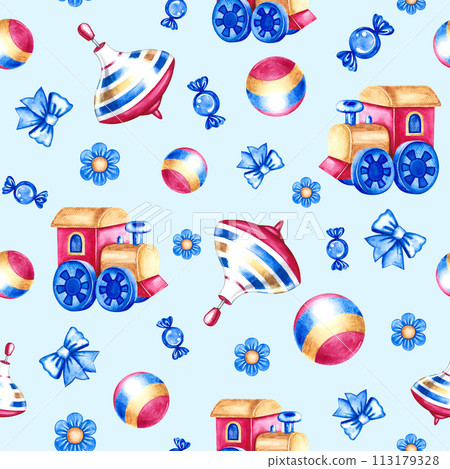 Seamless pattern with children's toys. children's trains, tops and balls. On a blue background. Handmade watercolor illustration. For wrapping paper, textile, children's clothing, wallpaper, packaging Seamless pattern with children's toys. children's trains, tops and balls. On a blue background. Handmade watercolor illustration. For wrapping paper, textile, children's clothing, wallpaper, packaging 113179328