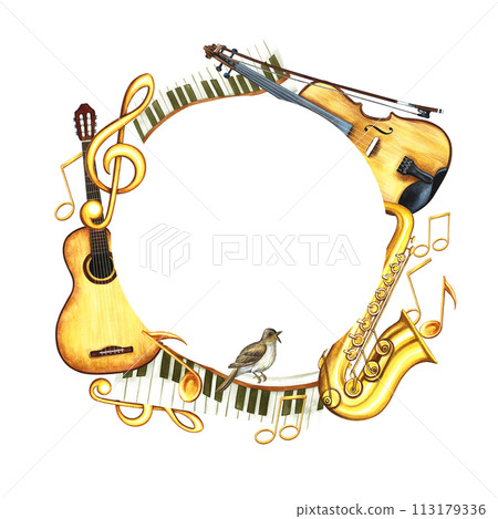 A round musical frame with an image of a guitar, saxophone and violin, as well as piano keys. The illustration is made by hand in watercolor. For posters, flyers, invitation cards and packaging. 113179336