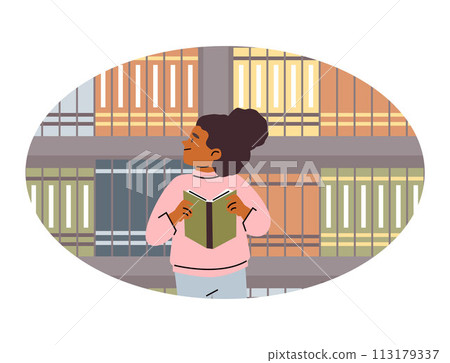 Cute girl in library or bookstore, vector cartoon child choosing books on bookshelf, education and reading in oval frame Cute girl in library or bookstore, vector cartoon child choosing books on bookshelf, education and reading in oval frame 113179337