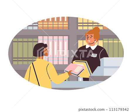 Cartoon customer buying books in shop, vector cute girl in the library or bookstore counter, happy booklover oval frame Cartoon customer buying books in shop, vector cute girl in the library or bookstore counter, happy booklover oval frame 113179342
